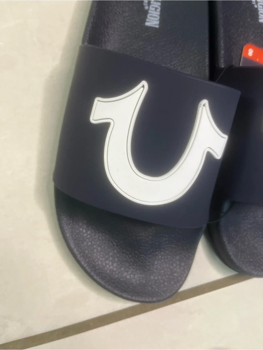 True Religion Men's Navy Slide Sandals with White Logo